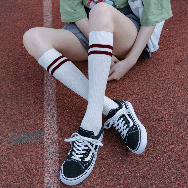 记忆兔白色二杠细条纹小腿袜子女春夏纯棉微压显瘦学院风jk长筒袜
