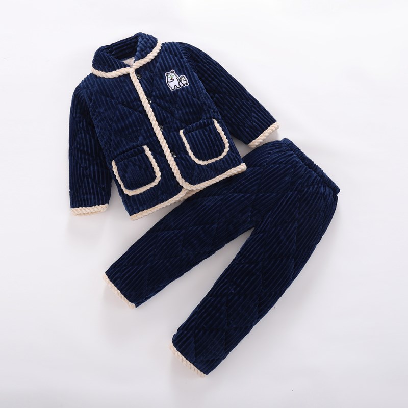 冬季儿童法兰绒睡衣男童男孩加厚款夹棉女童宝宝珊瑚绒家居服套装