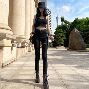 黑色破洞牛仔裤女2021夏季薄款弹力紧身显瘦高腰九分小脚铅笔长裤