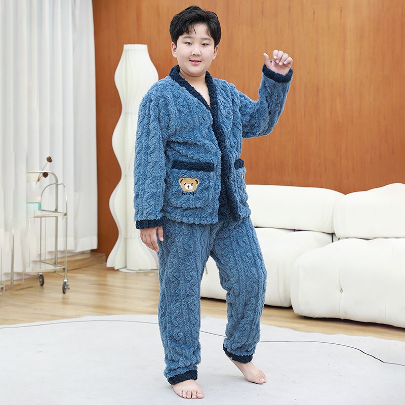 胖男童睡衣套装珊瑚绒加厚保暖秋冬季中大童加肥大码法兰绒家居服