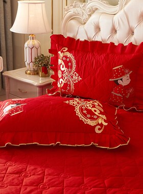 全棉高端绣花结婚喜庆大红色枕套一对装纯棉48x74cm枕头芯内胆套