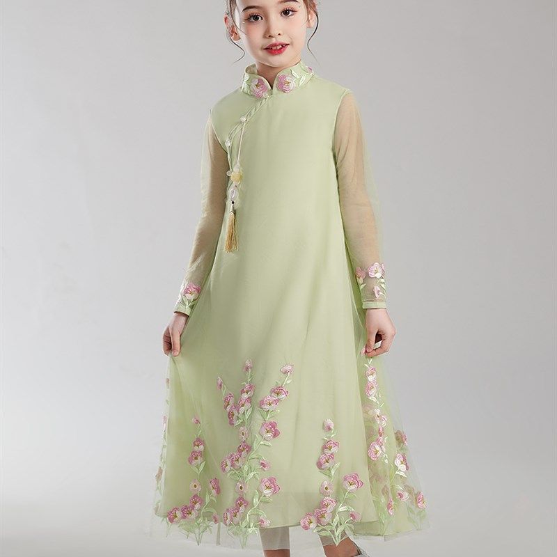 新中式儿童古筝演出合唱团表演长袖旗袍诗朗诵主持人演讲比赛礼服