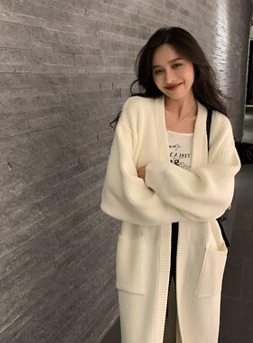 灰色中长版毛衣开衫女秋冬2023新款气质长袖宽松V领针织外套上衣