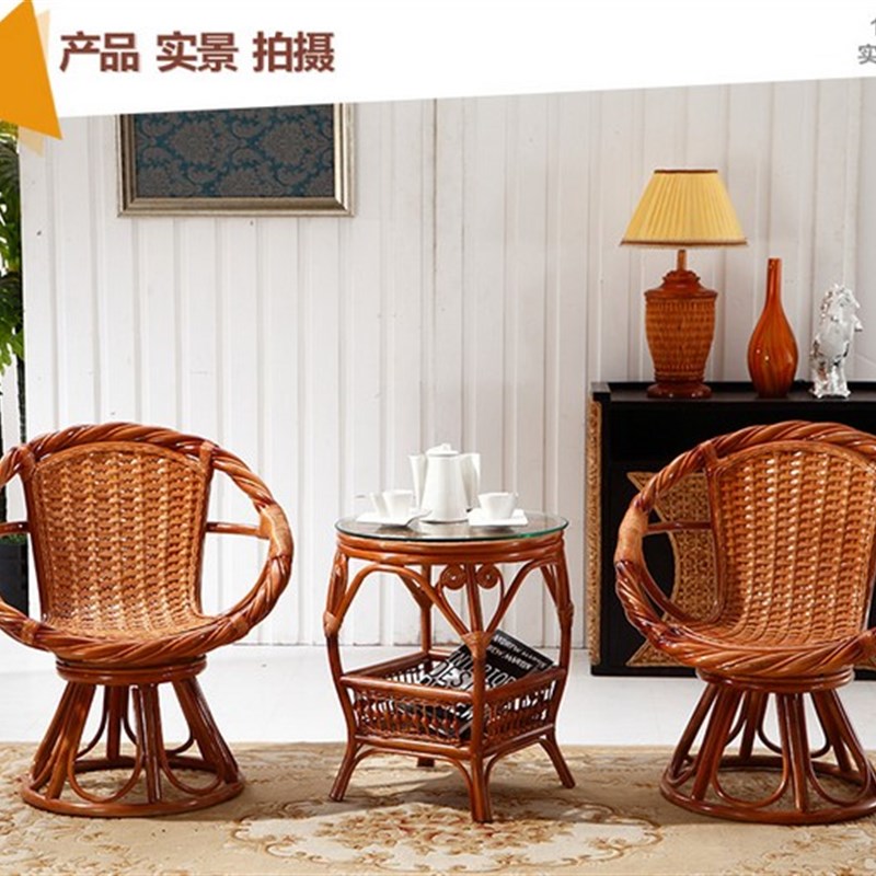 藤椅茶几三件套藤木组合休闲椅子摇椅天然真藤编转椅庭院阳台桌椅