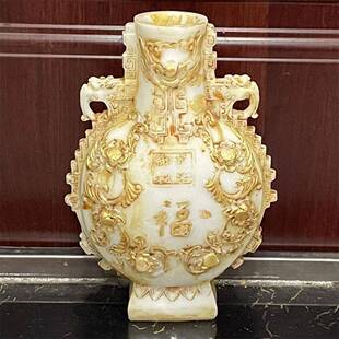 仿白玉花瓶 古董玉器古董把件 仿高古玉福寿花瓶摆件复古玉雕