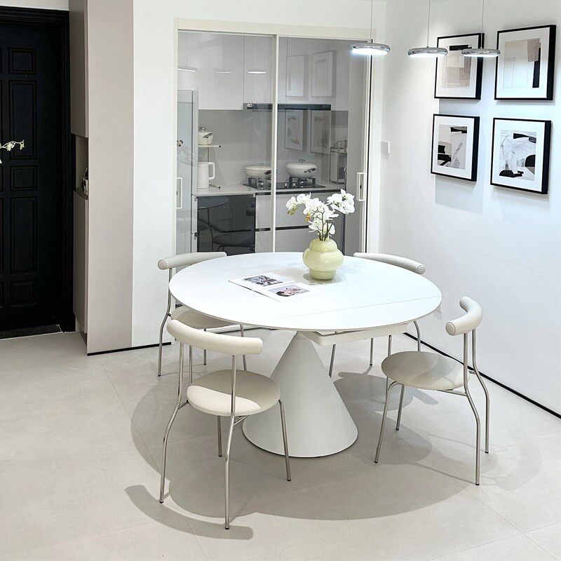 岩板餐桌可伸缩多功能奶油风纯白圆桌2023新款折叠方变圆两用桌子