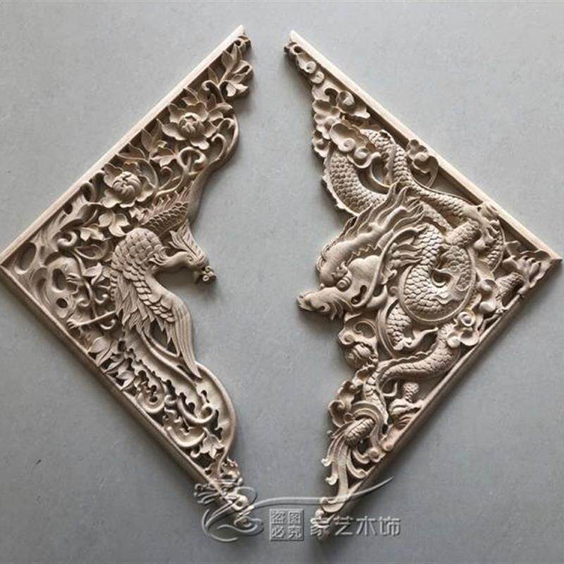 东阳木雕镂空龙凤实木贴花片浮雕家具客厅吊顶电视背景墙装饰角花