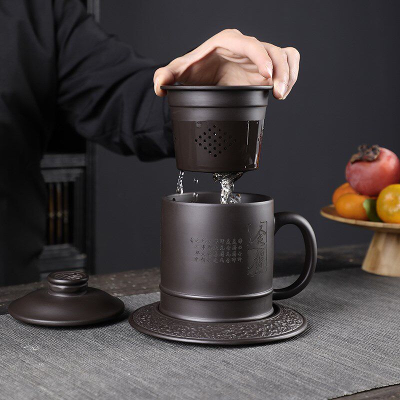 定制紫砂杯子带盖办公茶杯茶水分离内胆过滤陶瓷泡茶杯大容量水杯
