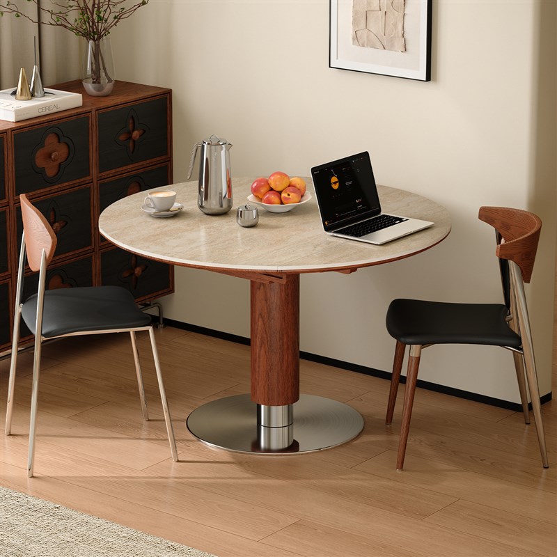 木小咖可伸缩实木岩板餐桌圆形中古客厅家用小户型折叠餐桌椅