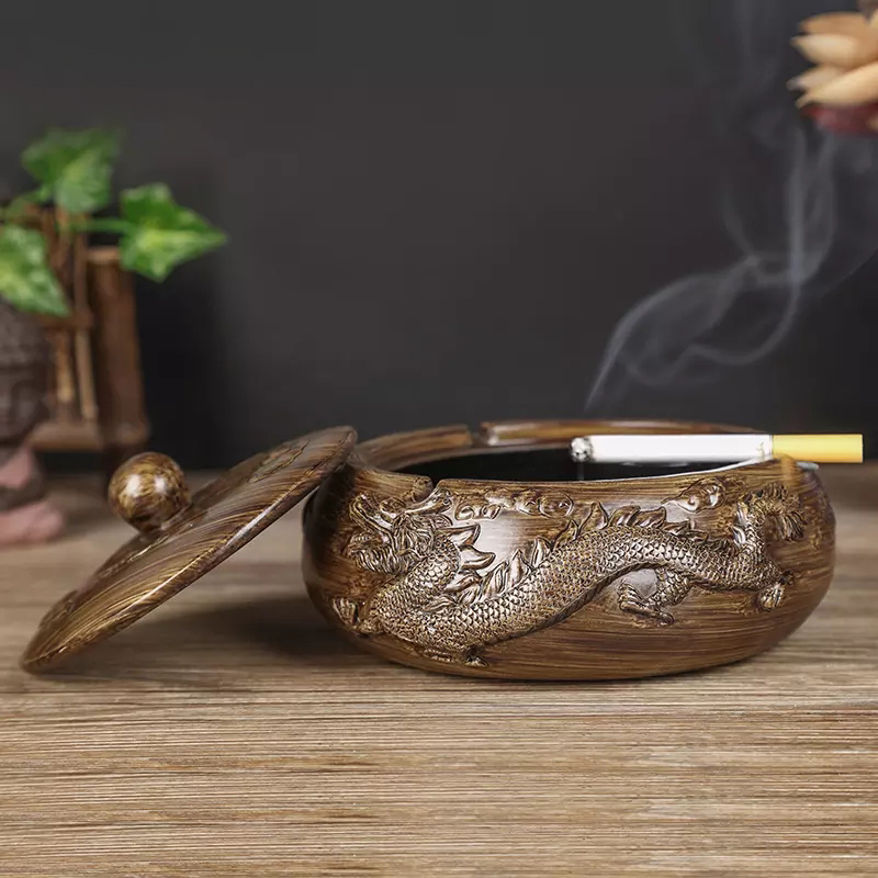 仿木纹时尚烟灰缸复古带盖防风烟缸招财茶桌摆件个性潮流家用木纹