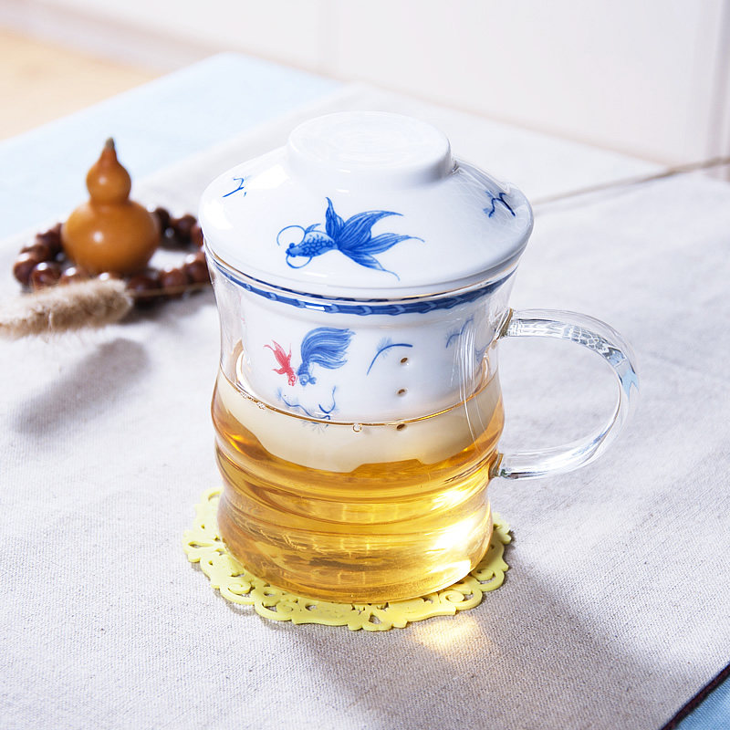 带盖花茶杯泡茶杯青花瓷过滤耐热玻璃茶杯水杯陶瓷内胆办公室杯子