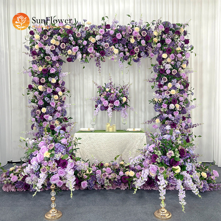 紫色方形结婚礼装饰花拱门订婚礼场景布置餐桌浪漫花艺花束插花