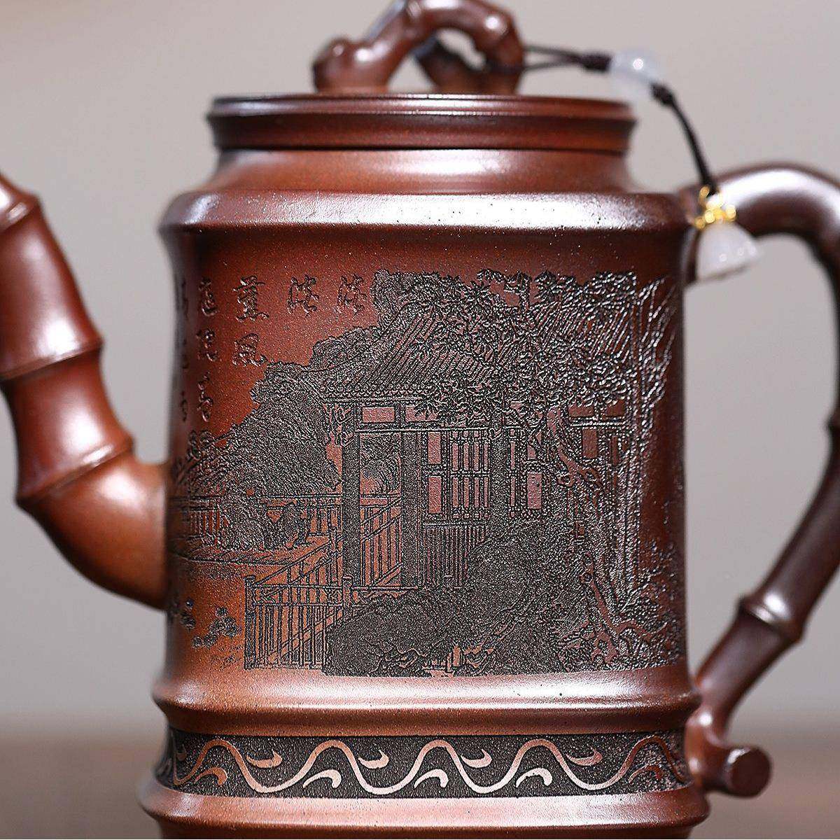 方段大容量龙窑柴烧手工PLM刻四字画密壶文宜兴竹紫砂茶具