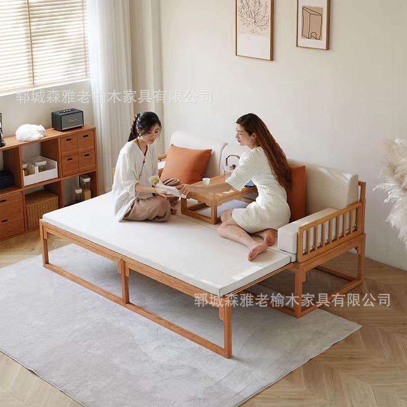 木罗汉床新中式推拉用小户型客厅阳台老榆实木沙发床两双人贵多款