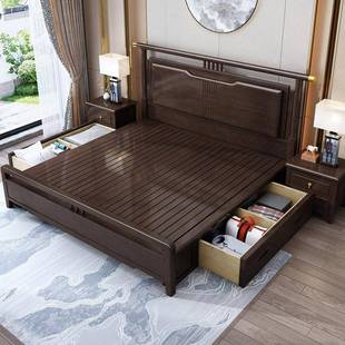 新中式 15M现8代简木约靠背储物双.人婚床卧室 橡胶木实床1.米A18