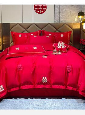 高上档婚庆C5Fz2Rn3大红色件套棉被刺绣结婚被套喜新婚四陪嫁床用