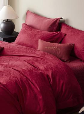 10Smlc8888简约喜嫁床婚庆长绒棉四件套结婚被0套红色床单床盖款