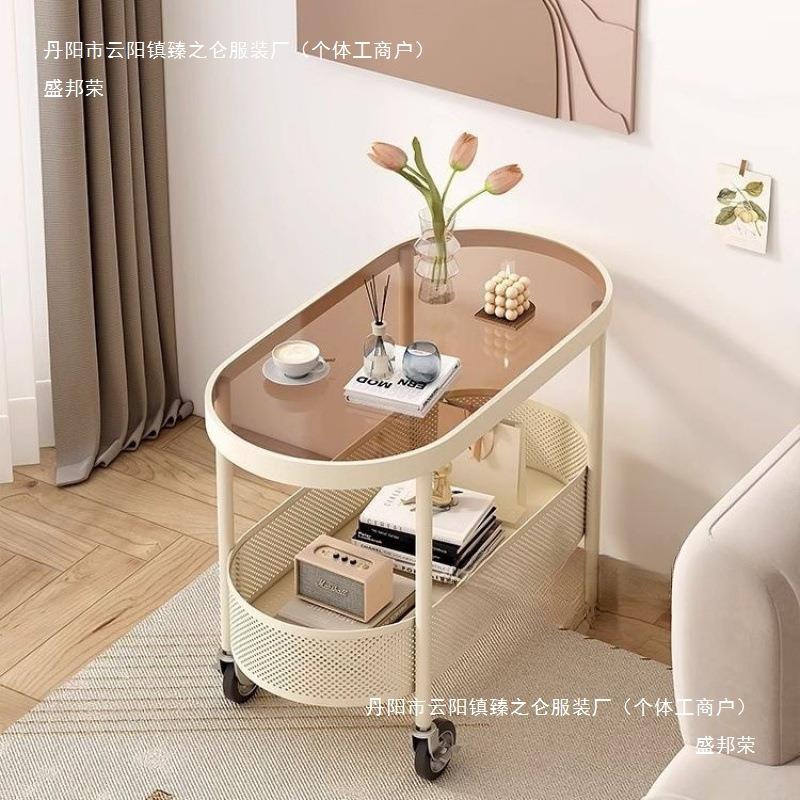 奶油风现代小户型客厅移动茶几沙发侧边玻璃带轮简约收纳小推车