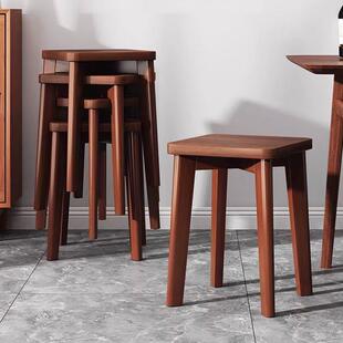 实木凳子家用现代简约餐桌圆板凳商用胡桃色木头方凳可叠放小椅子