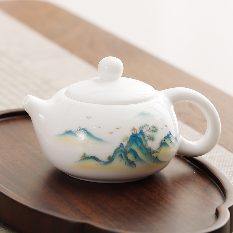 千里江山羊脂玉白瓷茶壶陶瓷功夫茶具泡茶壶单壶家用中式手抓壶
