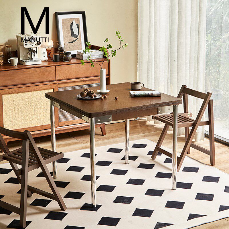 manutti折叠伸缩餐桌中古复古风餐桌小户型实木方形饭桌