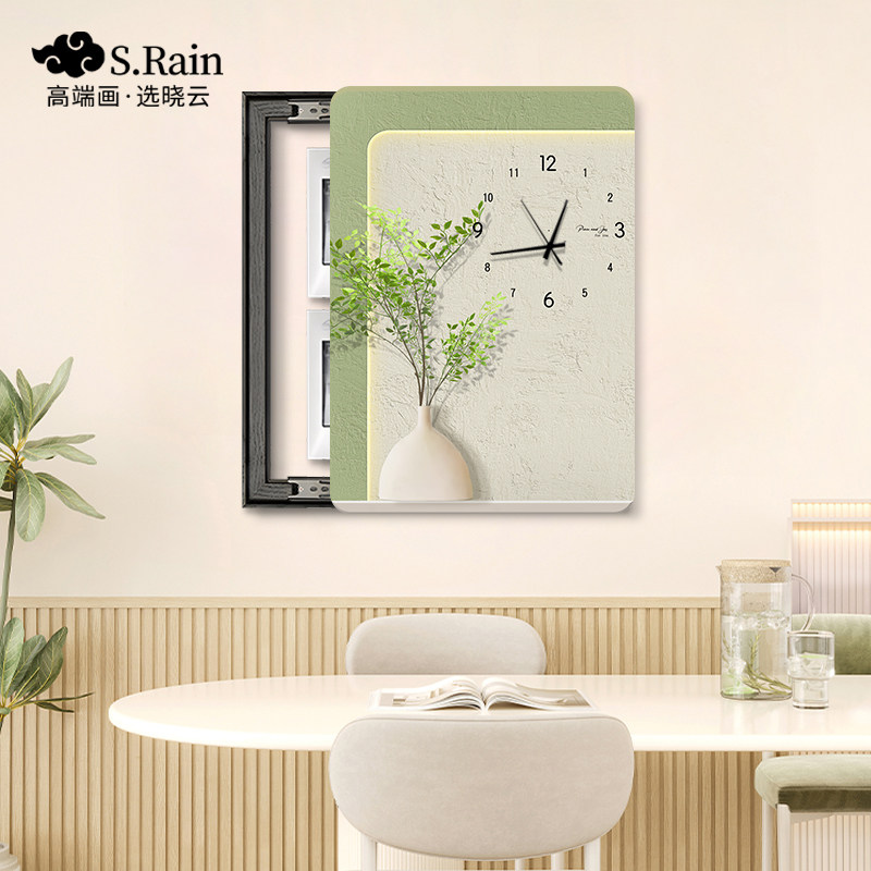 奶油风电表箱装饰画钟表挂墙竖款免打孔绿植配电箱遮挡电闸盒挂画