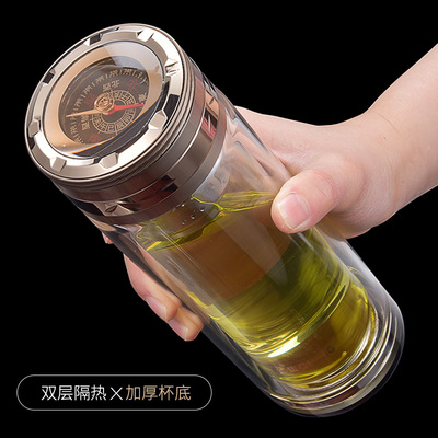 卧龙双层玻璃杯加厚办公过滤指南针盖泡茶杯340ML 定制印字水杯子