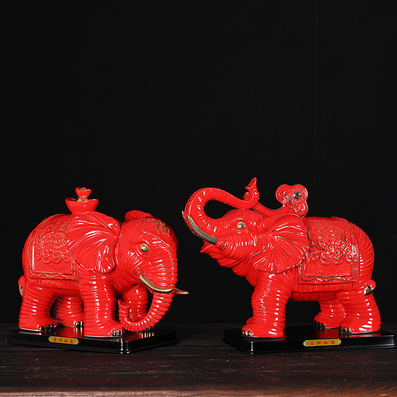 红色陶瓷大象摆件一对吸水象客厅桌面招财纯手工描金装饰开业送礼
