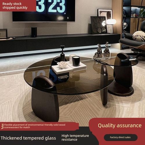 圆形茶几客厅家庭小公寓轻豪华现代茶几简单创意钢化玻璃茶几桌组