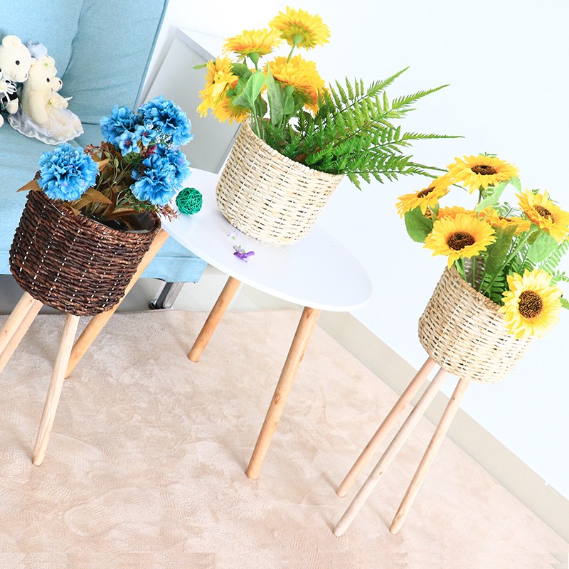 落地花架草编花篮藤编花盆欧式简约田园花器木质摆件家居地面装饰
