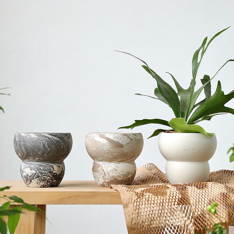 肌理纹摩卡葫芦花盆黑色有孔口径13CM
