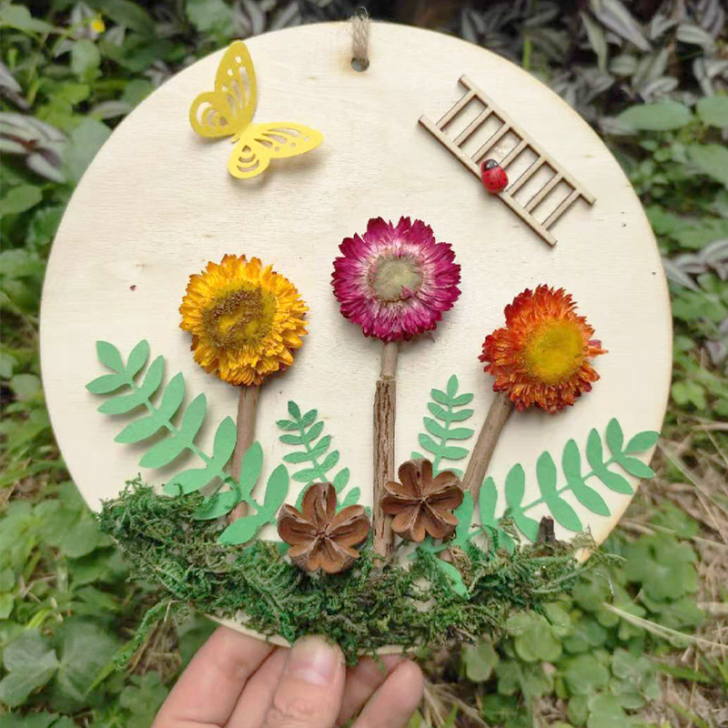 方圆形画框儿童幼儿园手工diy创意低结构原生态树枝木片花朵挂件