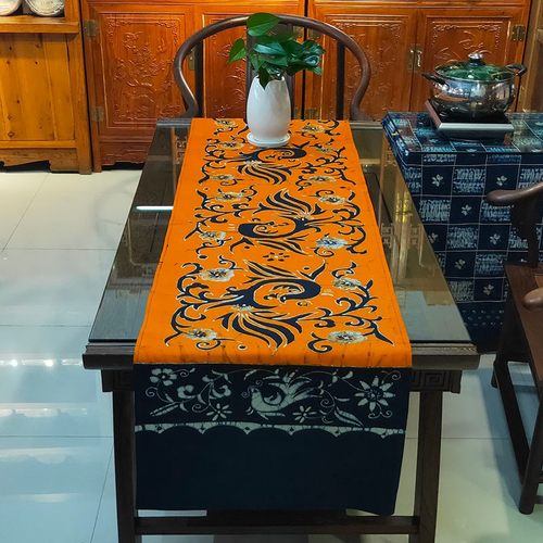 中式桌旗床旗苗族蜡染画茶台棉麻桌布电视柜盖布现代简约茶几布垫