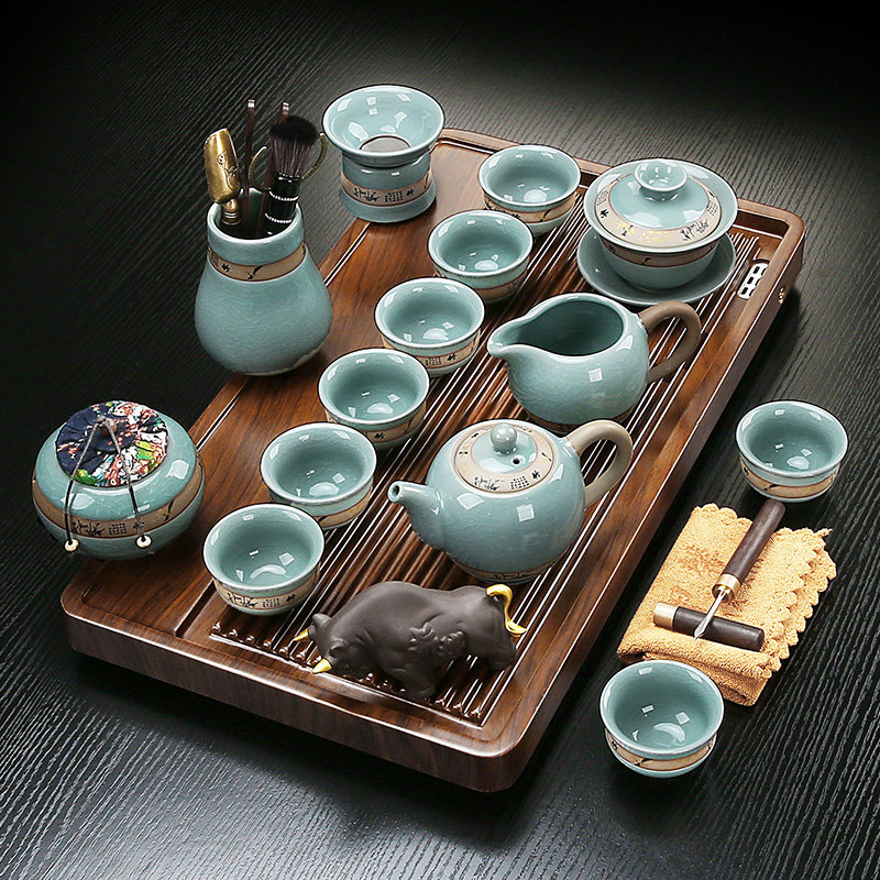 功夫茶具套装整套家用陶瓷茶壶盖碗茶杯套餐小型实木茶盘排水茶台