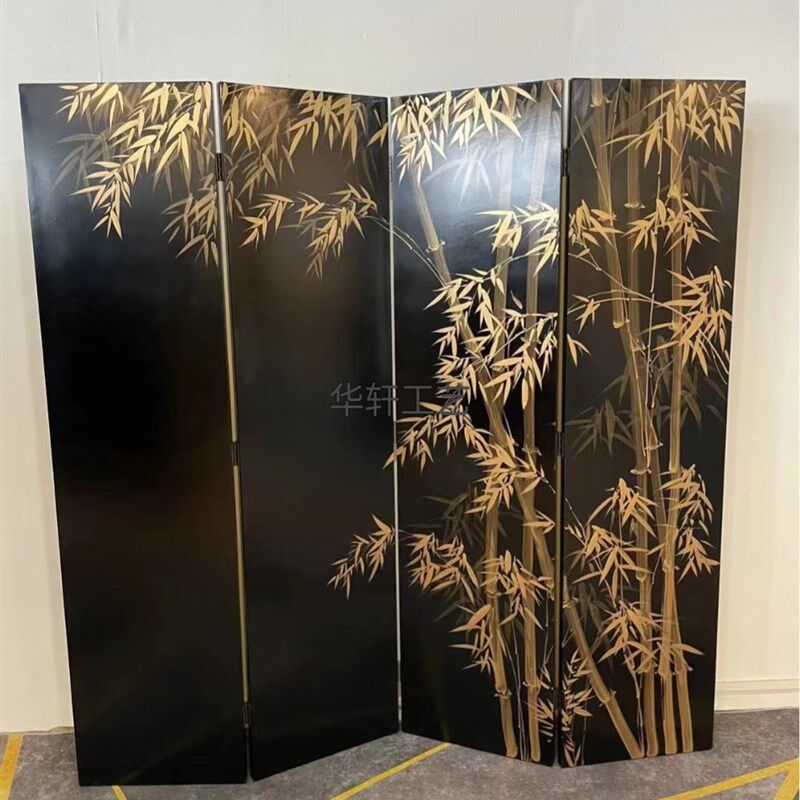 定制手绘黑色金竹漆画屏风折叠移动中式简约沙发背景墙隔断玄关