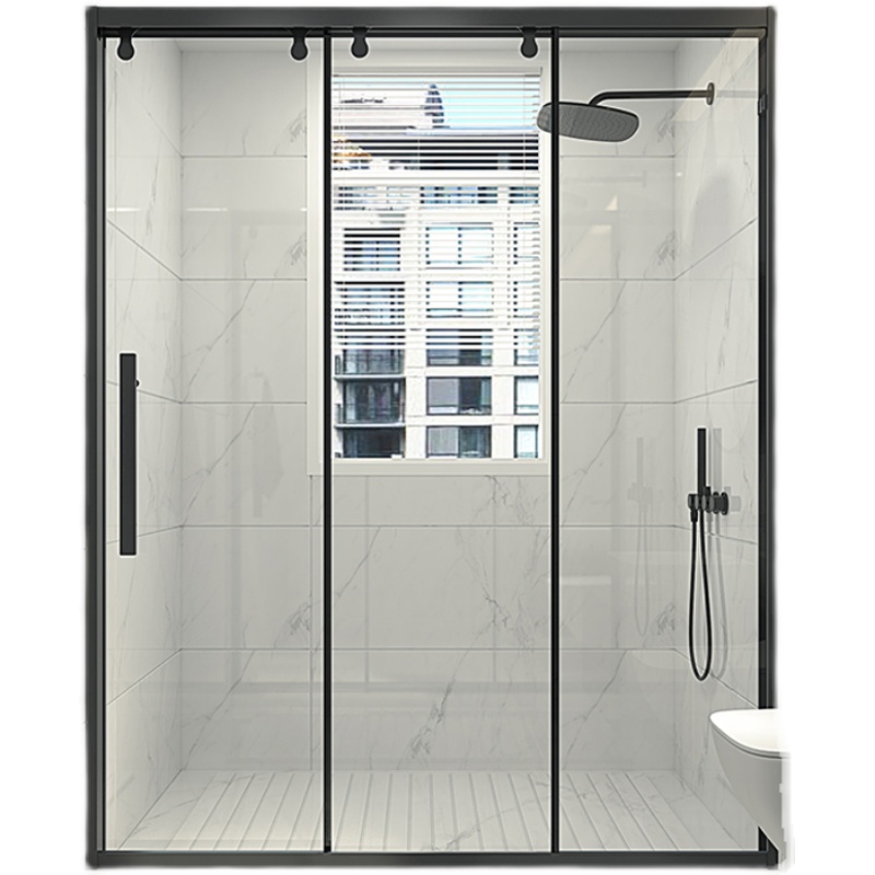 不锈钢三联动淋浴房极窄一字形推拉玻璃移门卫生间干湿分离隔断