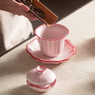 故龙窑汝窑三才盖碗西施壶粉色女泡茶办公室家用陶瓷茶具套装礼盒