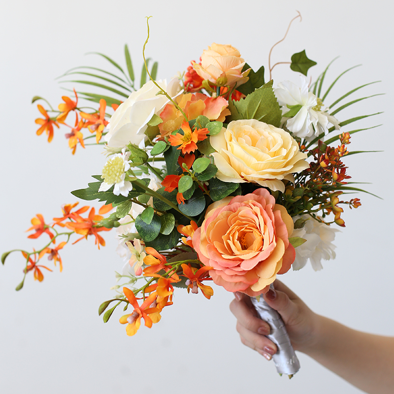 橘色新娘手捧花仿真花影楼拍照婚纱摄影道具花卉婚礼领证表白花束