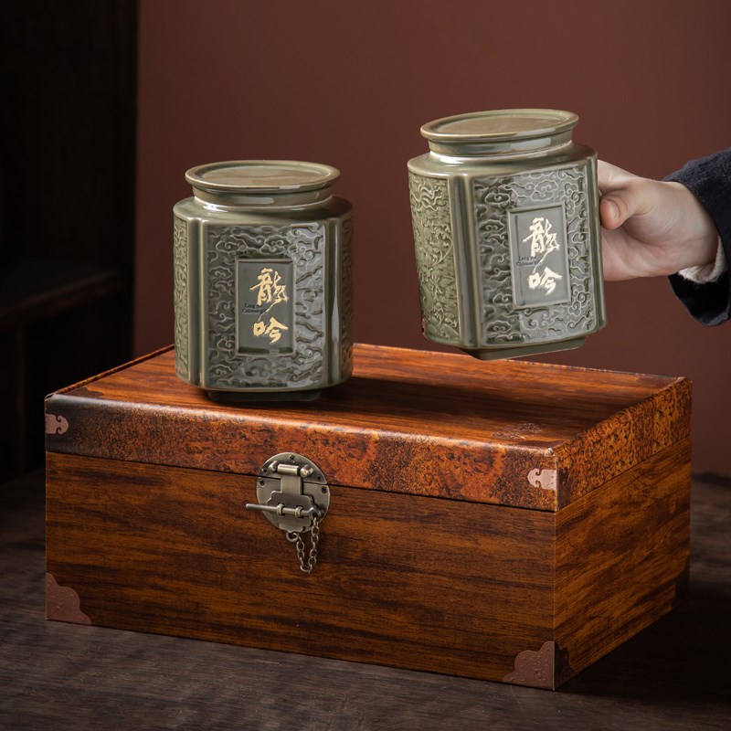 新款茶叶包装礼盒空盒陶瓷茶叶罐仿木盒红茶绿茶普洱送礼定制
