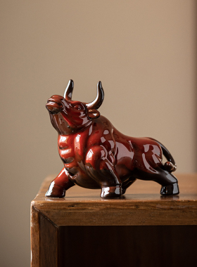 陶瓷红色牛小摆件牛气冲天家居招财装饰品办公室吉祥物生肖牛礼品