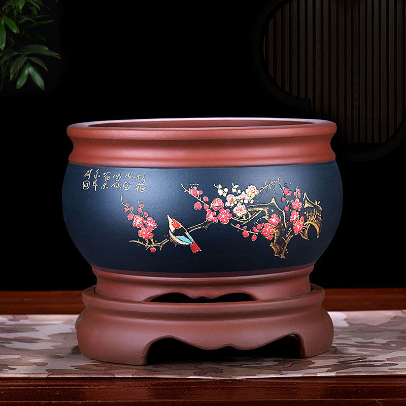 宜兴紫砂花盆高档精品陶瓷大口径带托盘圆形室内兰花花盆盆景盆