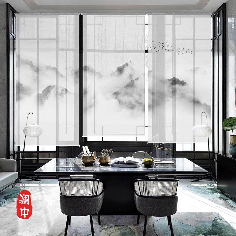 新中式电动禅意山水画卷帘拉屏风窗帘遮光卷帘玄关式办公室隔断挂