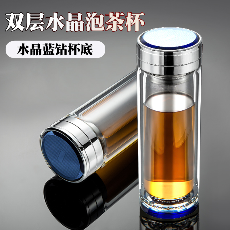 双层玻璃杯子高档办公水晶杯耐热带盖玻璃茶杯男女泡茶杯车载便携