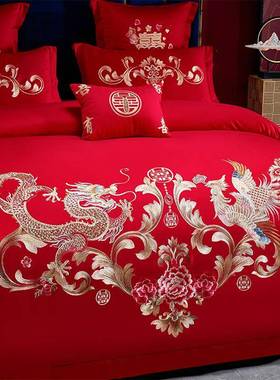 龙凤刺绣庆四件套大色结多件套新婚床单被套婚婚礼床婚上红HZY-00