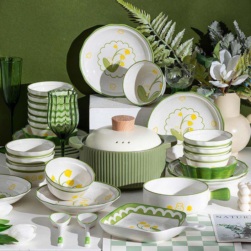 康陌KA盘NGM（盘O）釉下彩碗碗碟套铃兰兔—装家用小清新碗碟勺筷