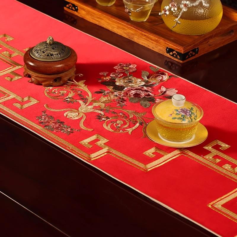 结婚桌红色茶几盖中式刺绣婚庆喜字茶几垫HQ布布装旗布饰餐桌布