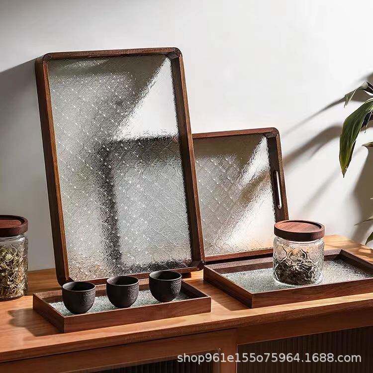 复洗古黑胡桃木用海棠花璃ODW托盘家客厅易清带玻把手收纳盘