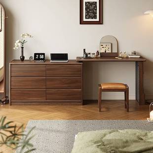 中式黑胡桃木梳妆台斗柜复古轻奢卧室写字台置物架一体书桌化妆桌