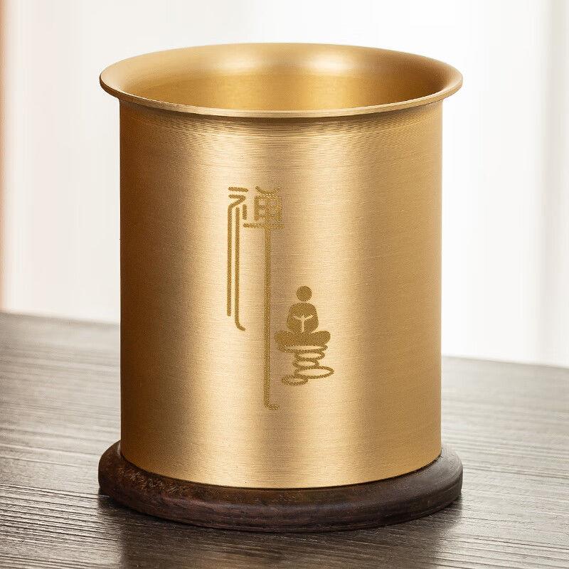 黄铜茶道六君子单筒茶筒笔筒茶道收纳筒收纳罐茶具配件茶桌摆件
