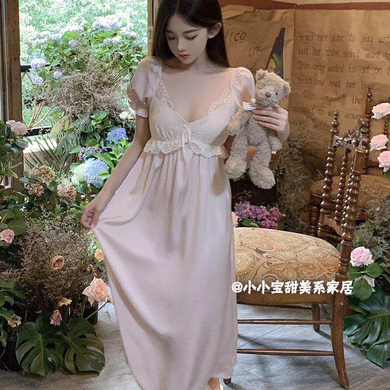 法式复古甜美带胸垫睡衣女夏季短袖中长版冰丝公主风睡裙蕾丝纯欲